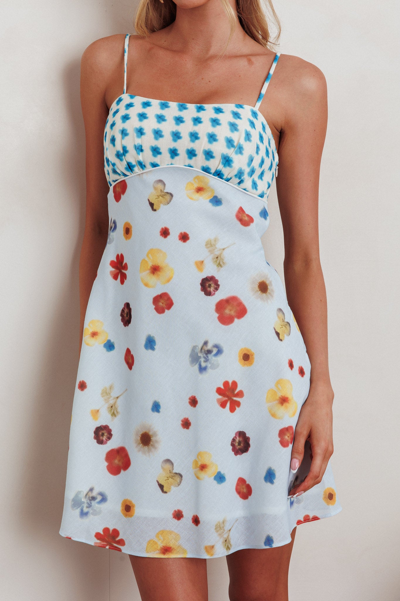 Fleur Sun Cami Strap Mini Dress Flowers Blue by Selfie Leslie Australia