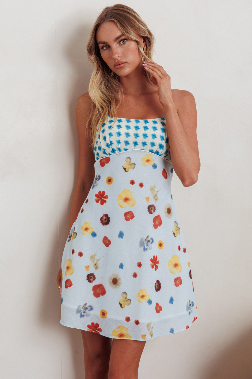 Fleur Sun Cami Strap Mini Dress Flowers Blue by Selfie Leslie Australia