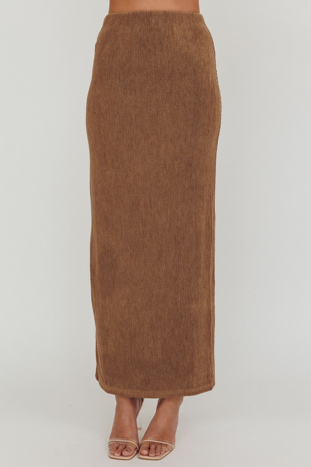 Calculated Ribbed Knit Maxi Skirt Brown by Selfie Leslie Australia