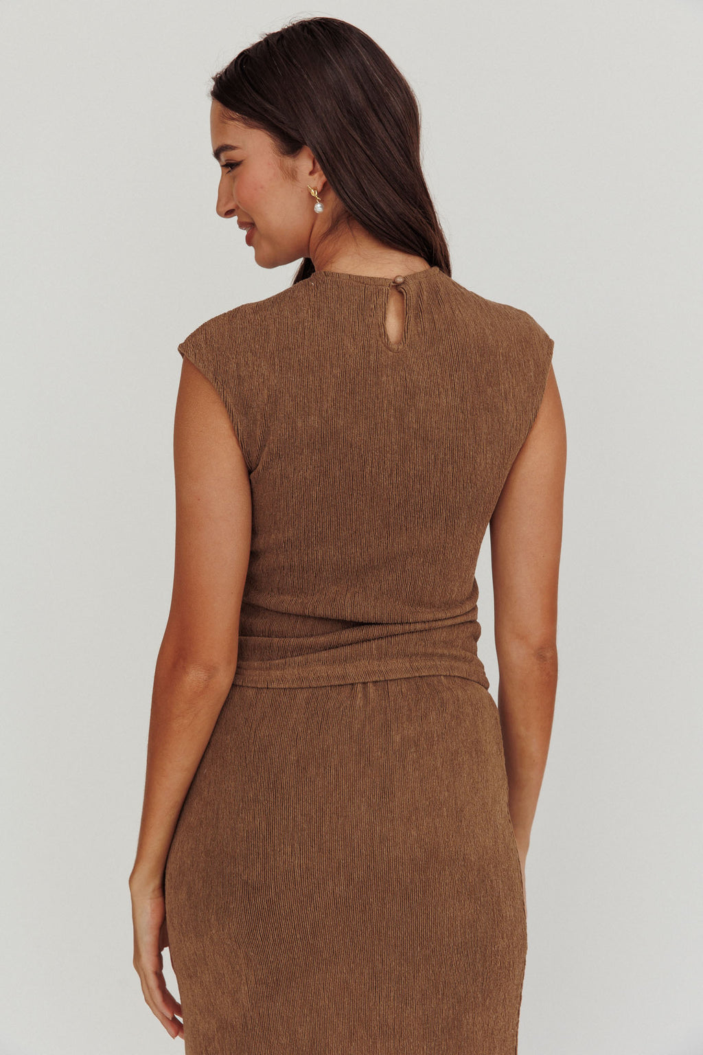 Calculated Cap Sleeve Ribbed Knit Top Brown by Selfie Leslie Australia