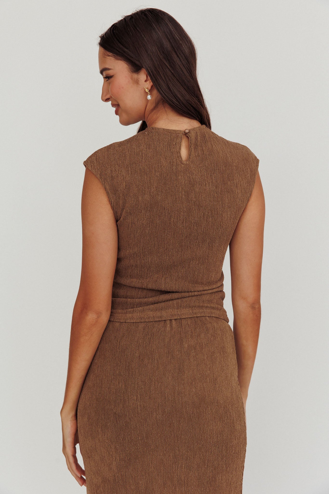 Calculated Cap Sleeve Ribbed Knit Top Brown by Selfie Leslie Australia