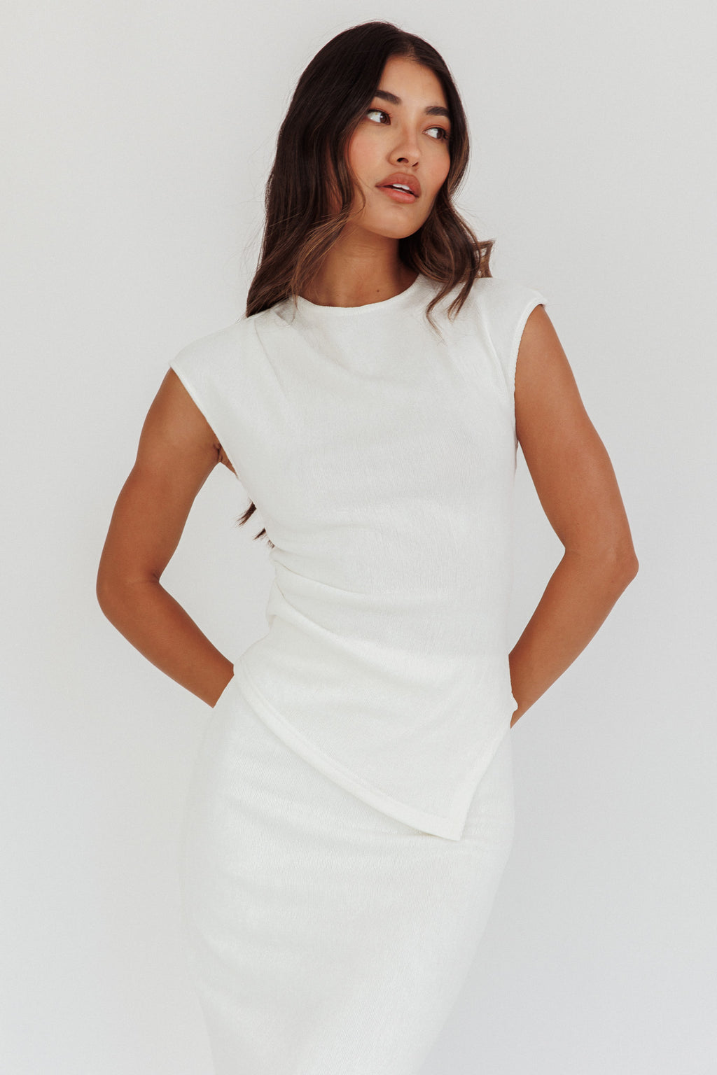 Calculated Cap Sleeve Ribbed Knit Top White by Selfie Leslie Australia