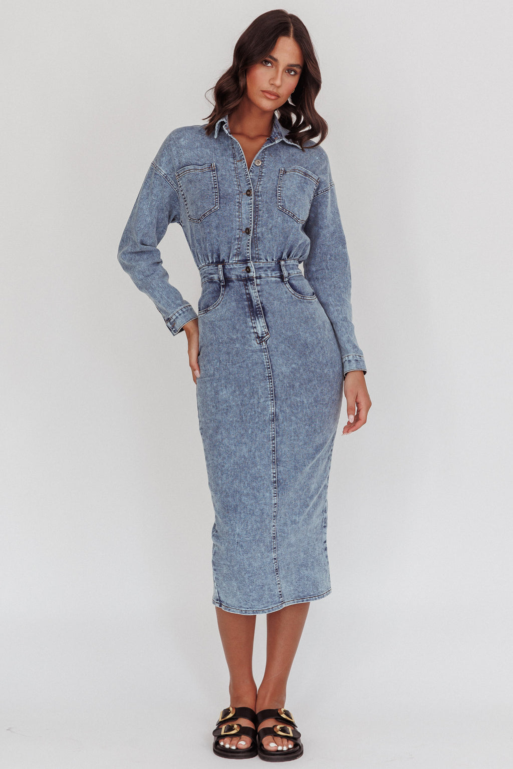 Light Inside Long Sleeve Midi Dress Denim Blue by Selfie Leslie Australia