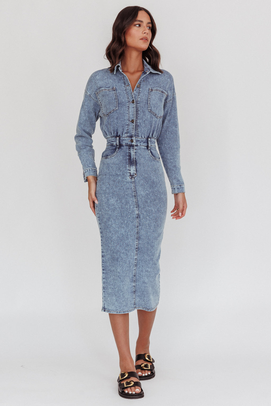 Light Inside Long Sleeve Midi Dress Denim Blue by Selfie Leslie Australia