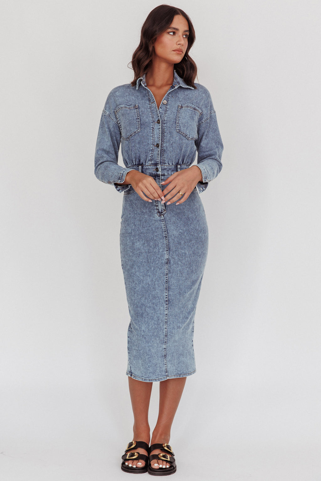 Light Inside Long Sleeve Midi Dress Denim Blue by Selfie Leslie Australia