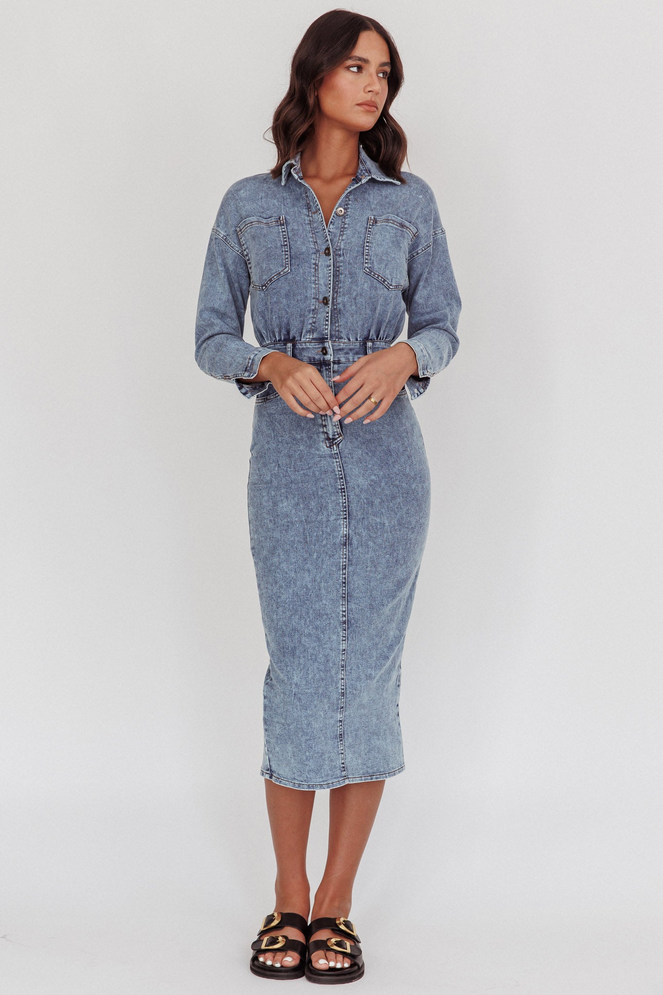 Light Inside Long Sleeve Midi Dress Denim Blue by Selfie Leslie Australia