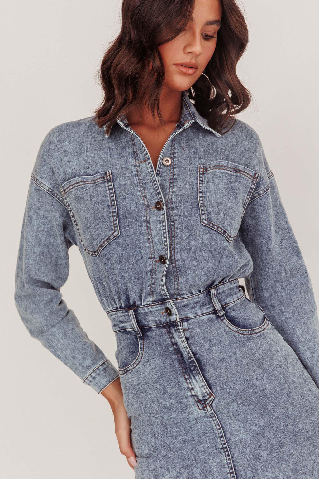Light Inside Long Sleeve Midi Dress Denim Blue by Selfie Leslie Australia