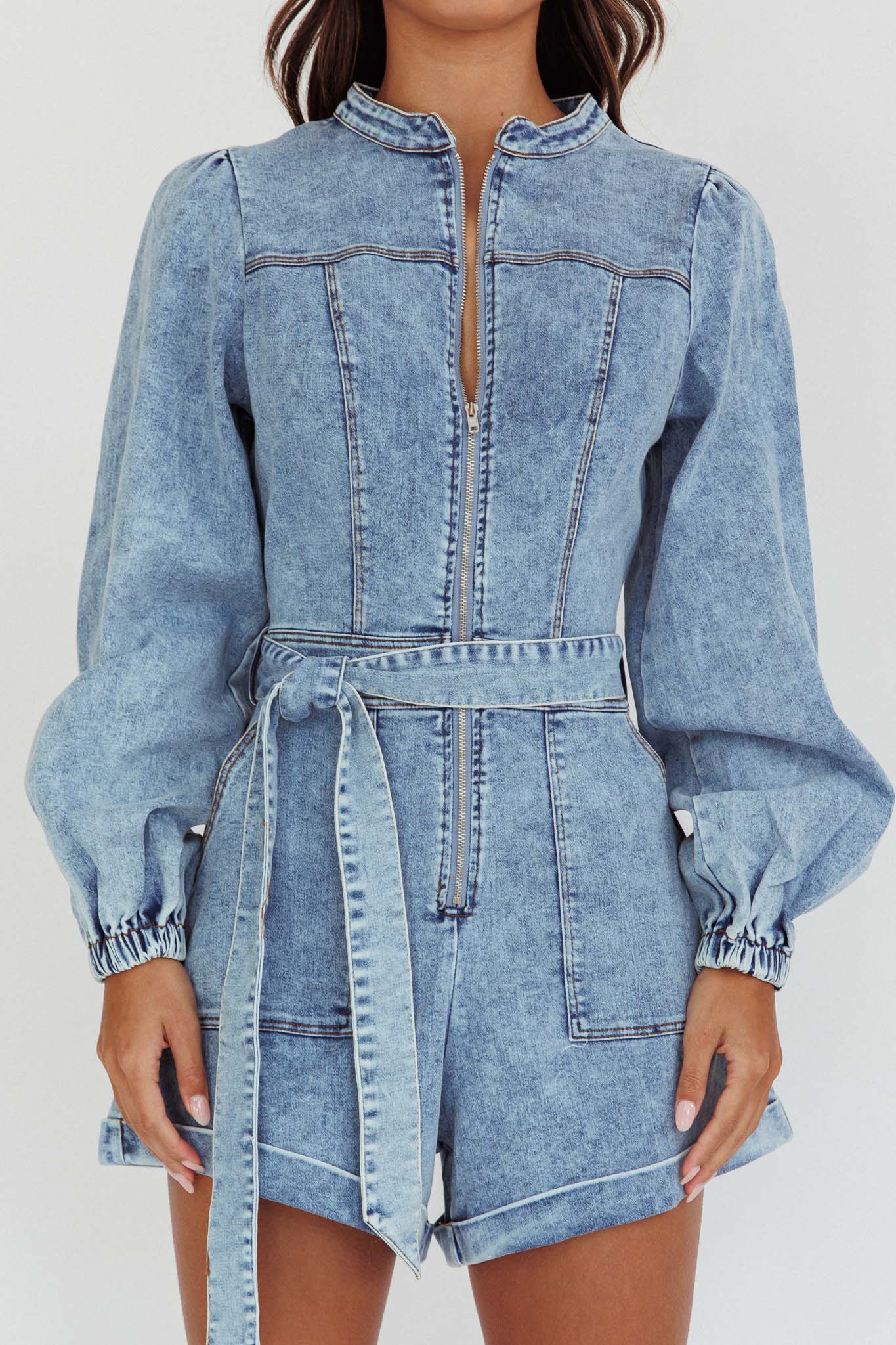 Real World Zip Front Romper Denim Blue by Selfie Leslie Australia
