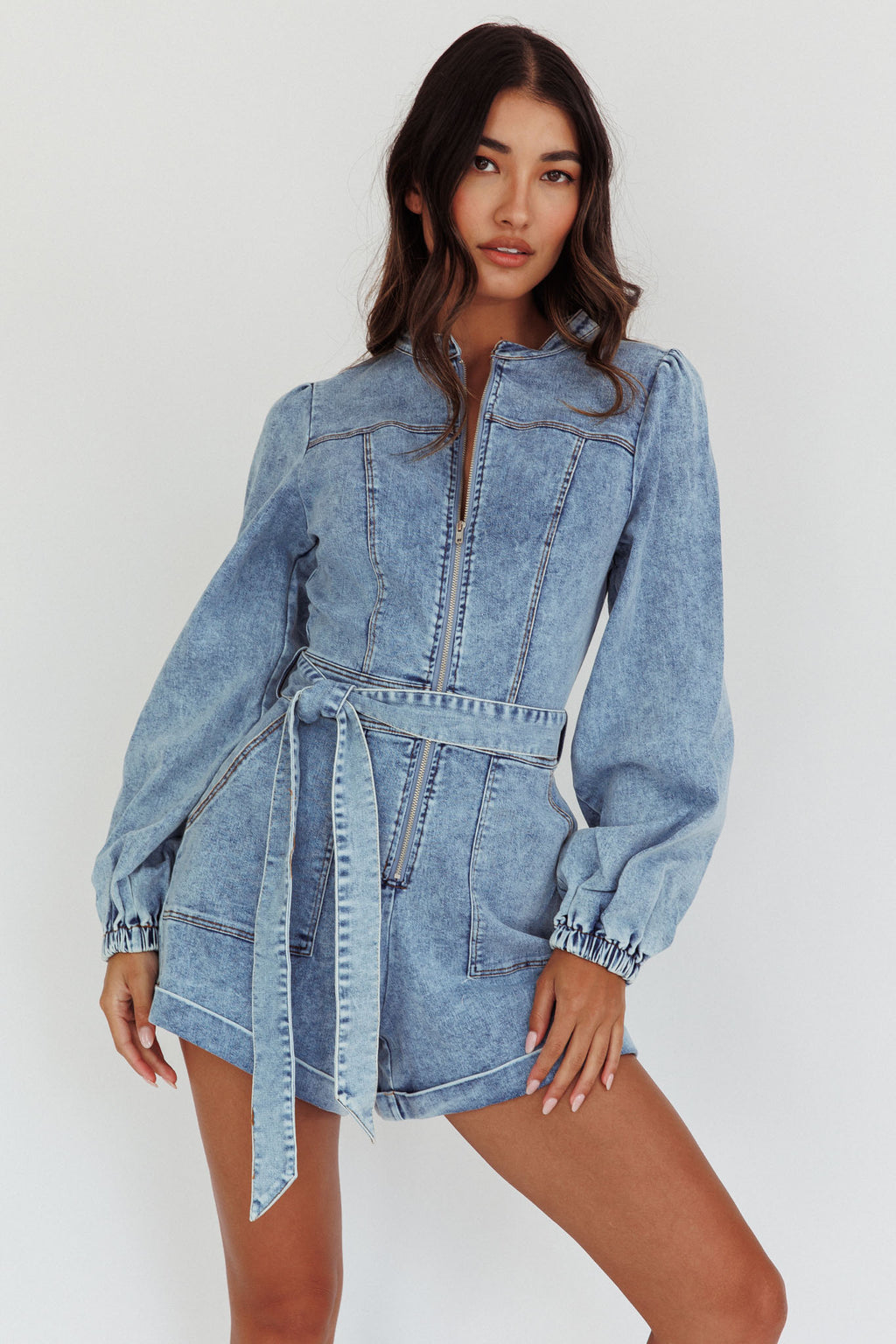 Real World Zip Front Romper Denim Blue by Selfie Leslie Australia