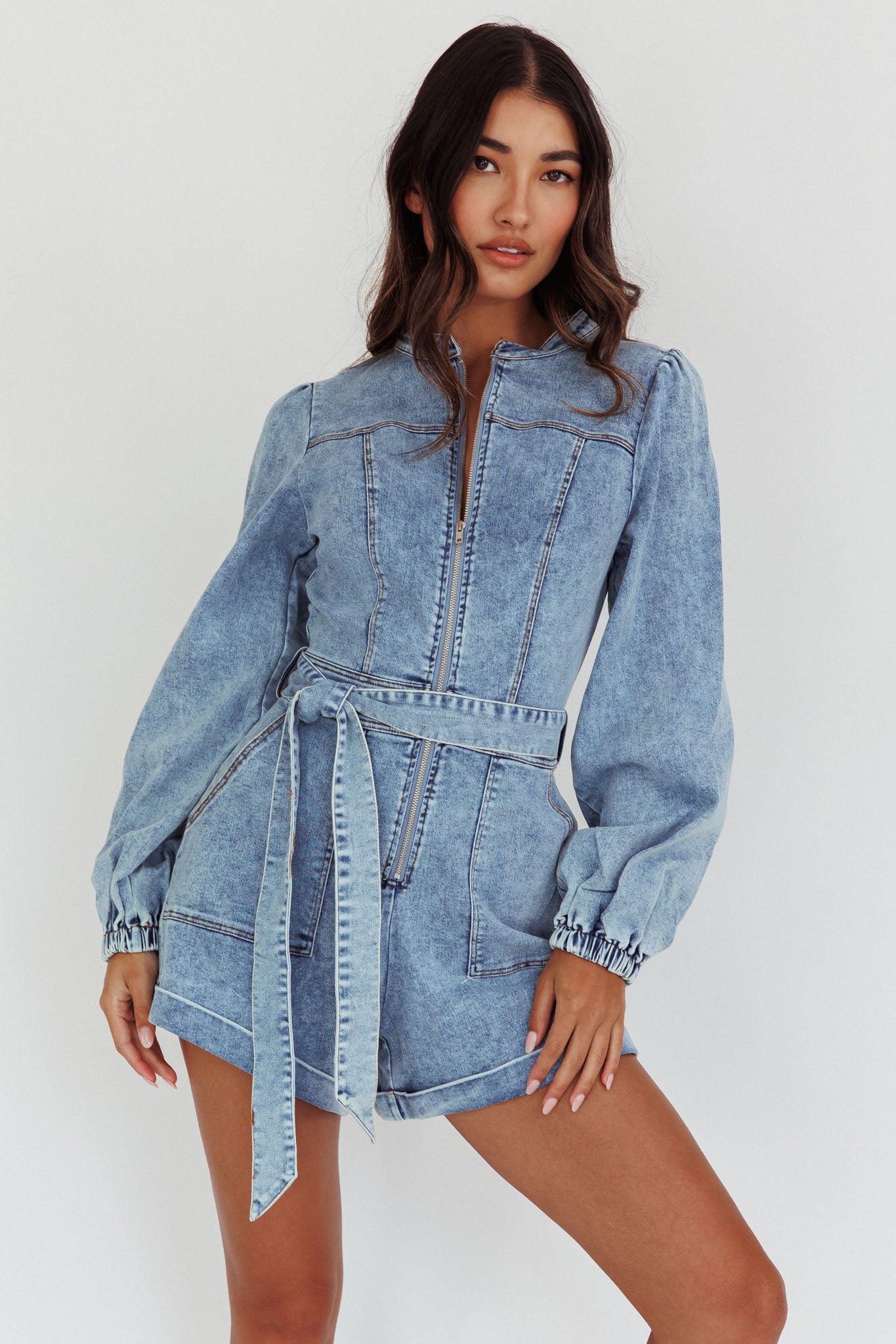 Real World Zip Front Romper Denim Blue by Selfie Leslie Australia