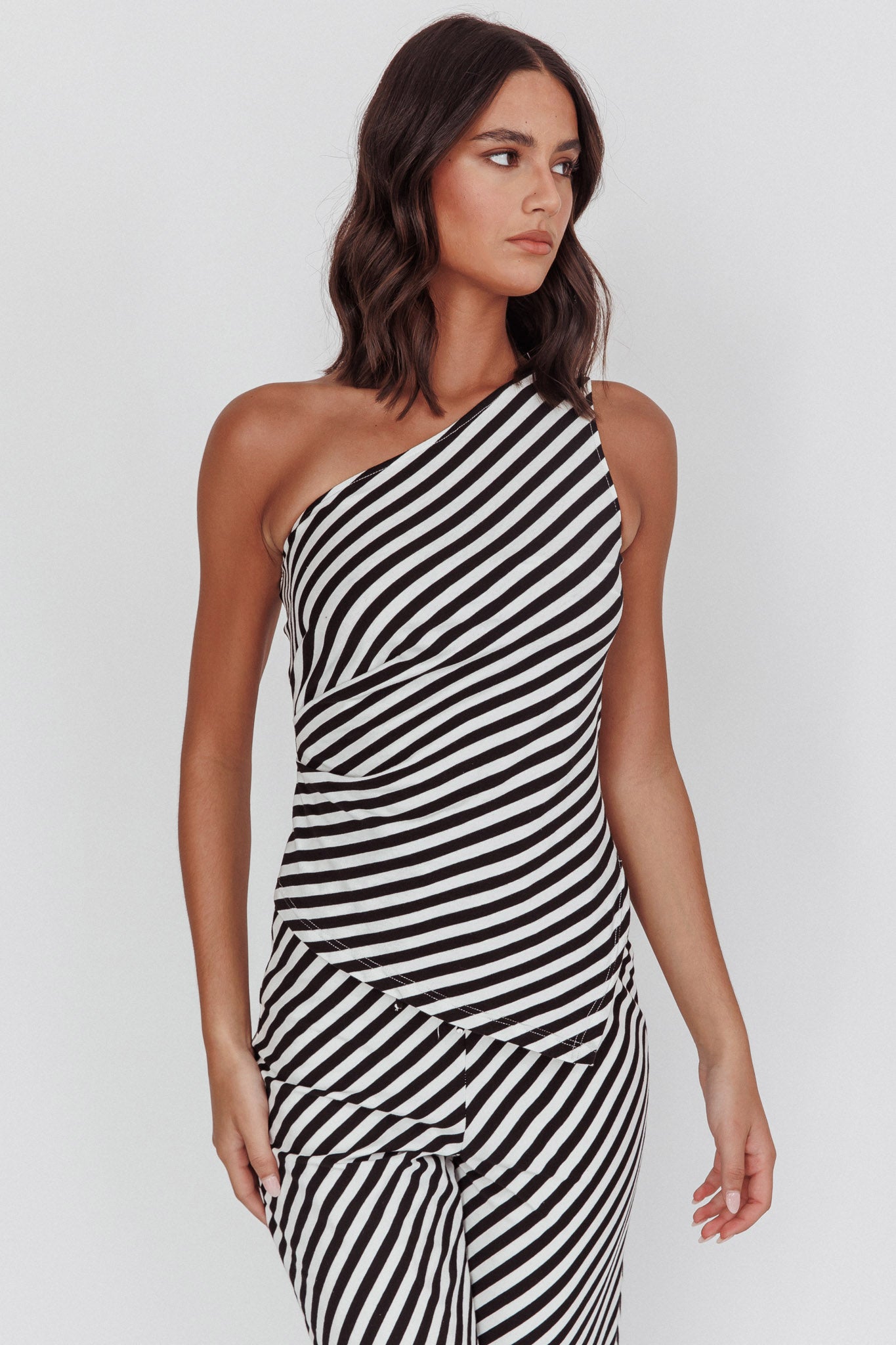 Golden Beach One-Shoulder Asymmetric Top Black Stripe by Selfie Leslie Australia