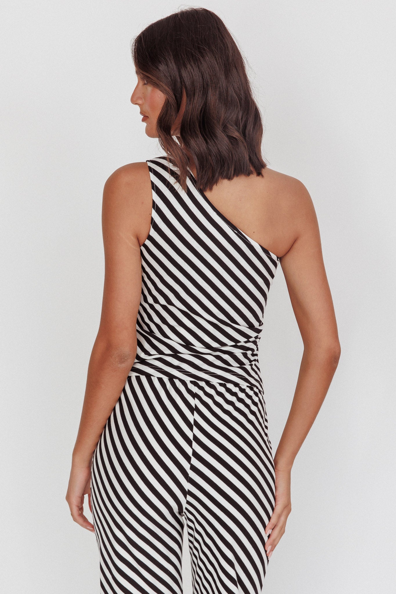 Golden Beach One-Shoulder Asymmetric Top Black Stripe by Selfie Leslie Australia