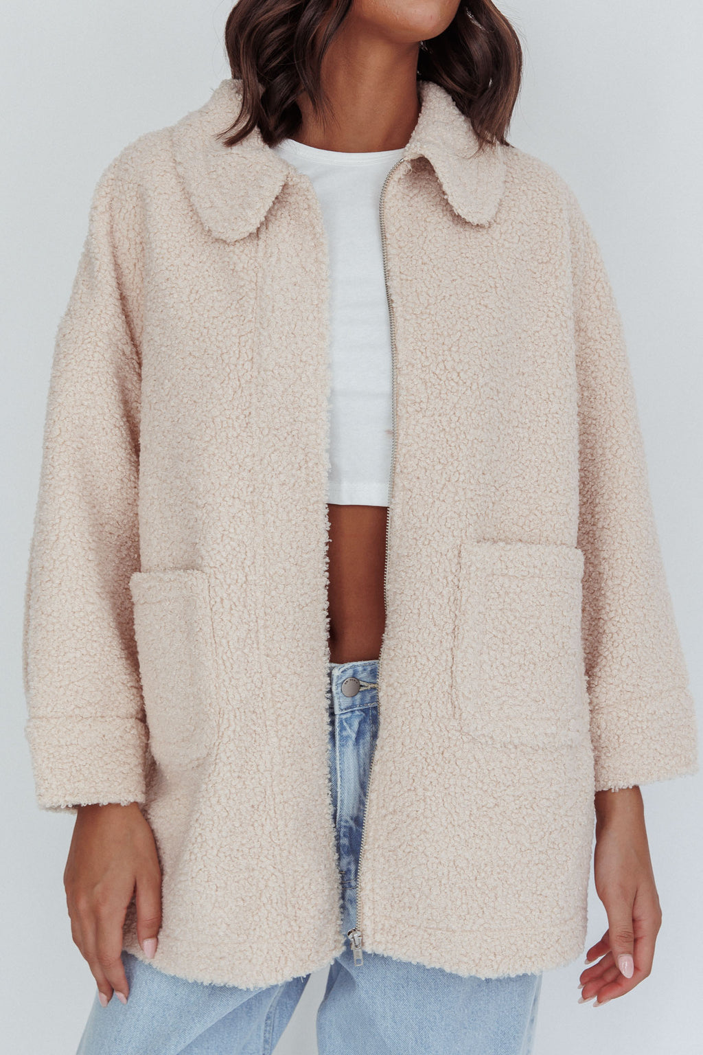 Peace & Serene Collared Sherpa Jacket Oat by Selfie Leslie Australia