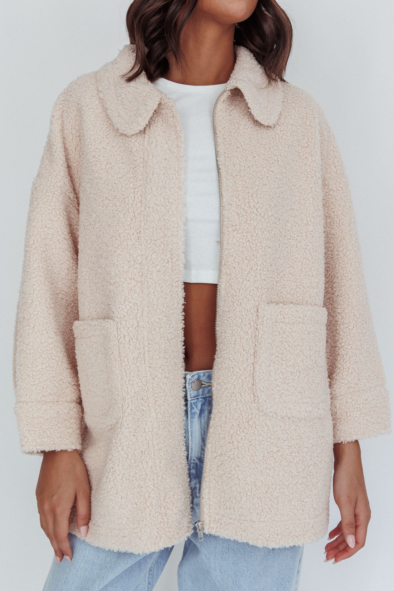 Peace & Serene Collared Sherpa Jacket Oat by Selfie Leslie Australia