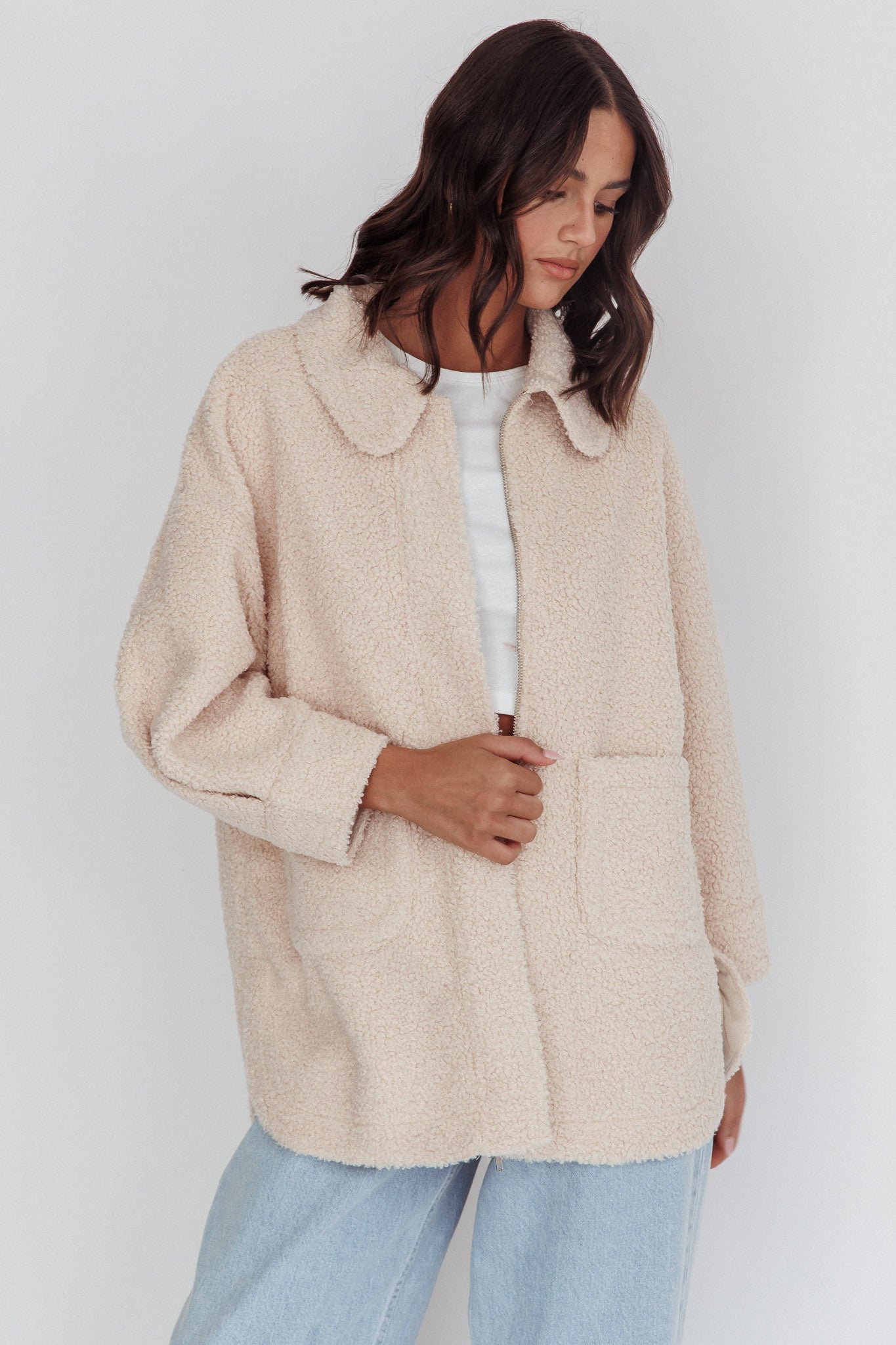 Peace & Serene Collared Sherpa Jacket Oat by Selfie Leslie Australia