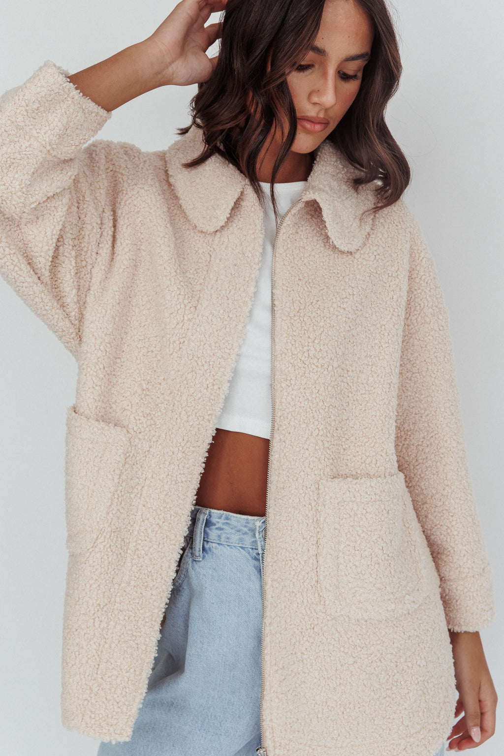 Peace & Serene Collared Sherpa Jacket Oat by Selfie Leslie Australia