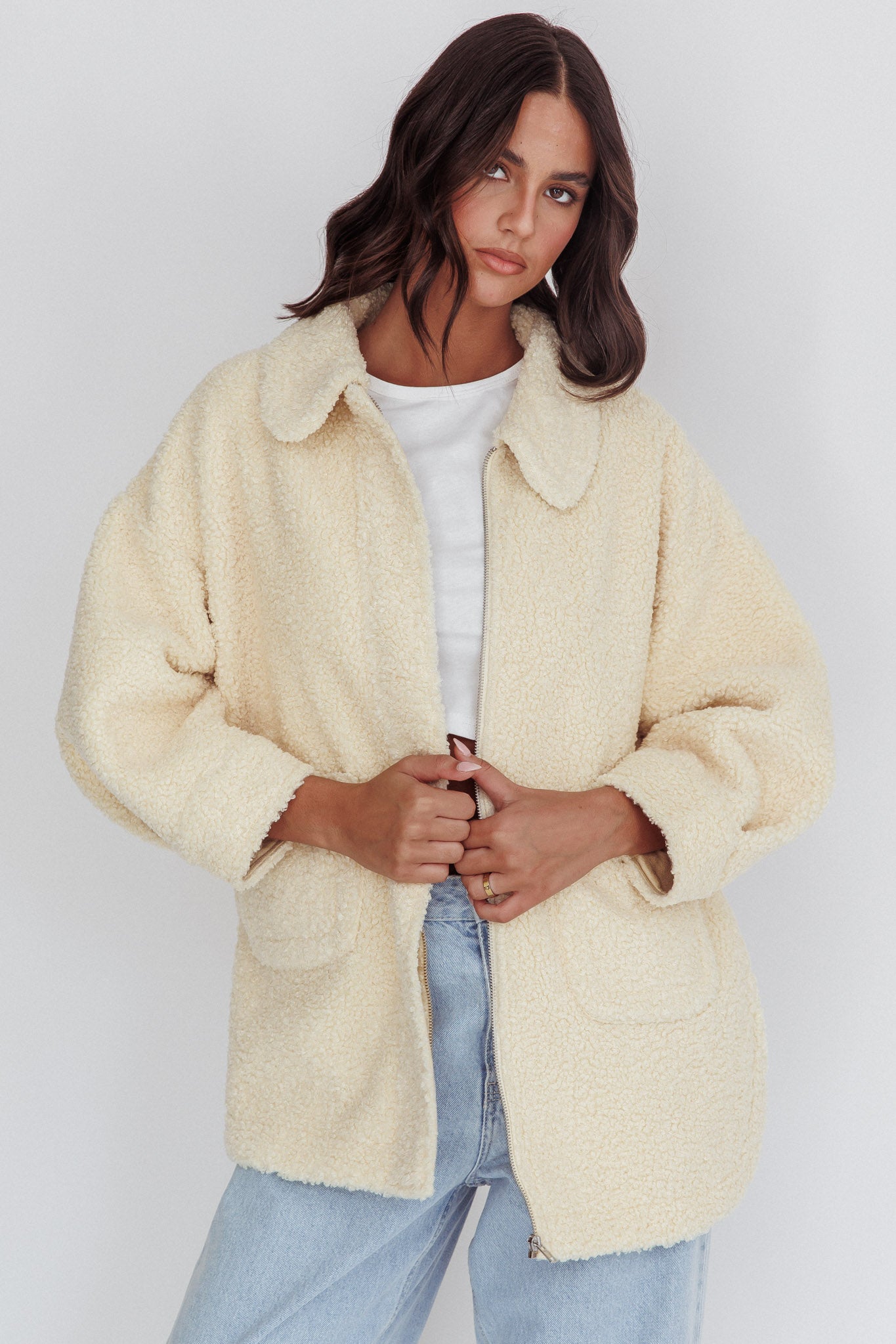 Peace & Serene Collared Sherpa Jacket Yellow by Selfie Leslie Australia