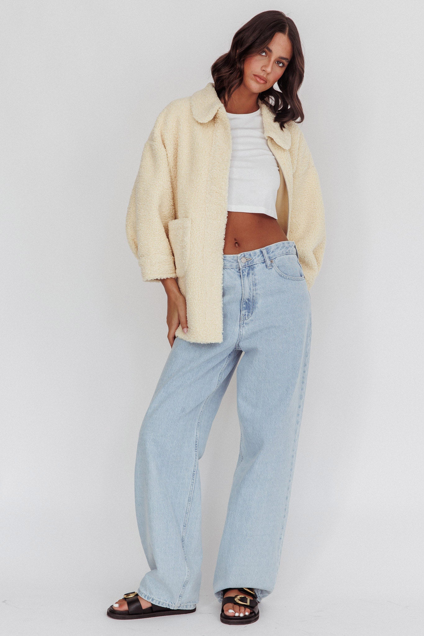 Peace & Serene Collared Sherpa Jacket Yellow by Selfie Leslie Australia