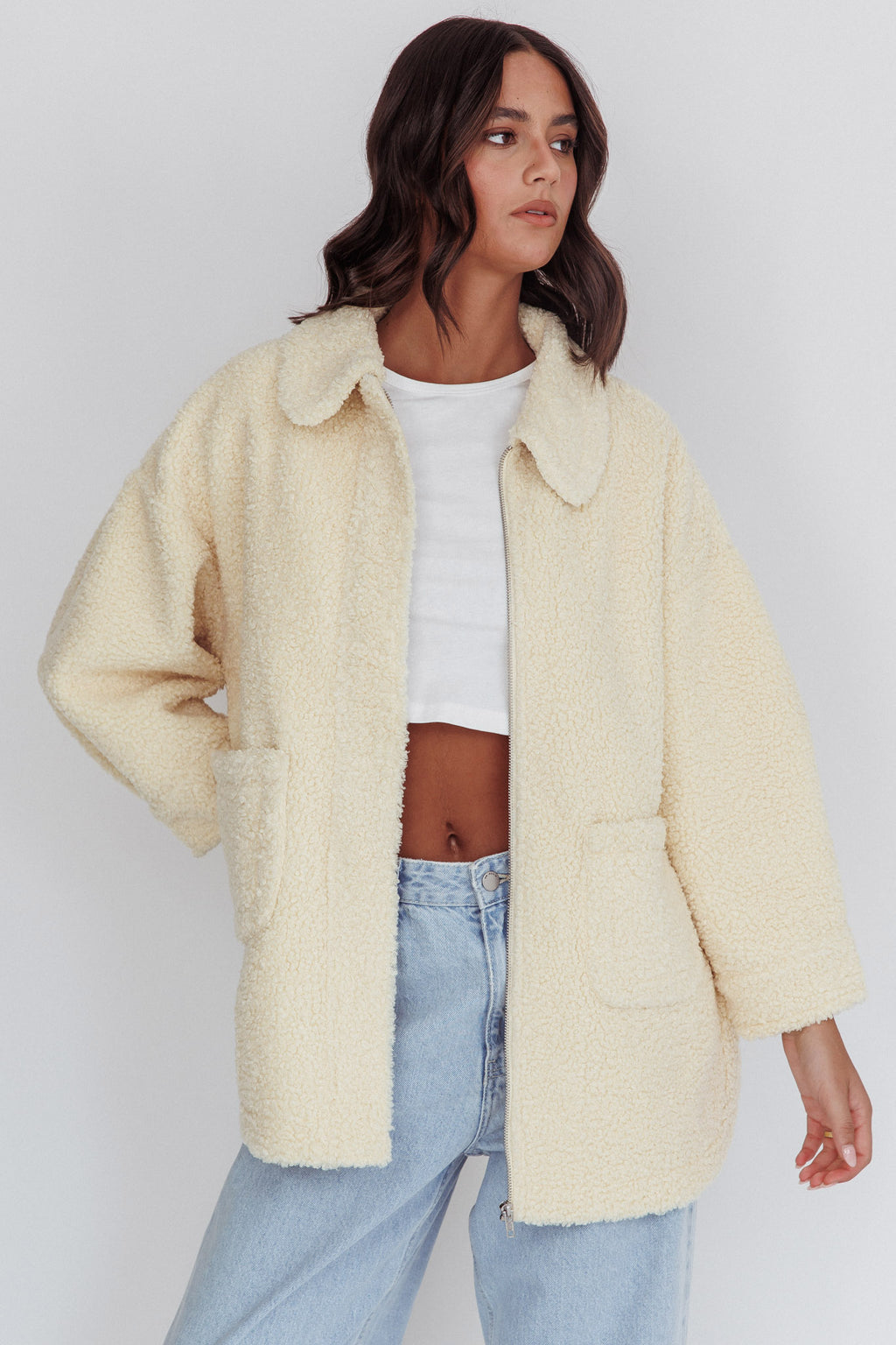 Peace & Serene Collared Sherpa Jacket Yellow by Selfie Leslie Australia