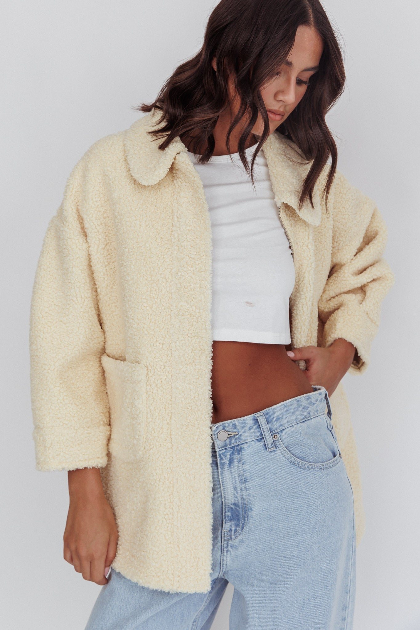Peace & Serene Collared Sherpa Jacket Yellow by Selfie Leslie Australia