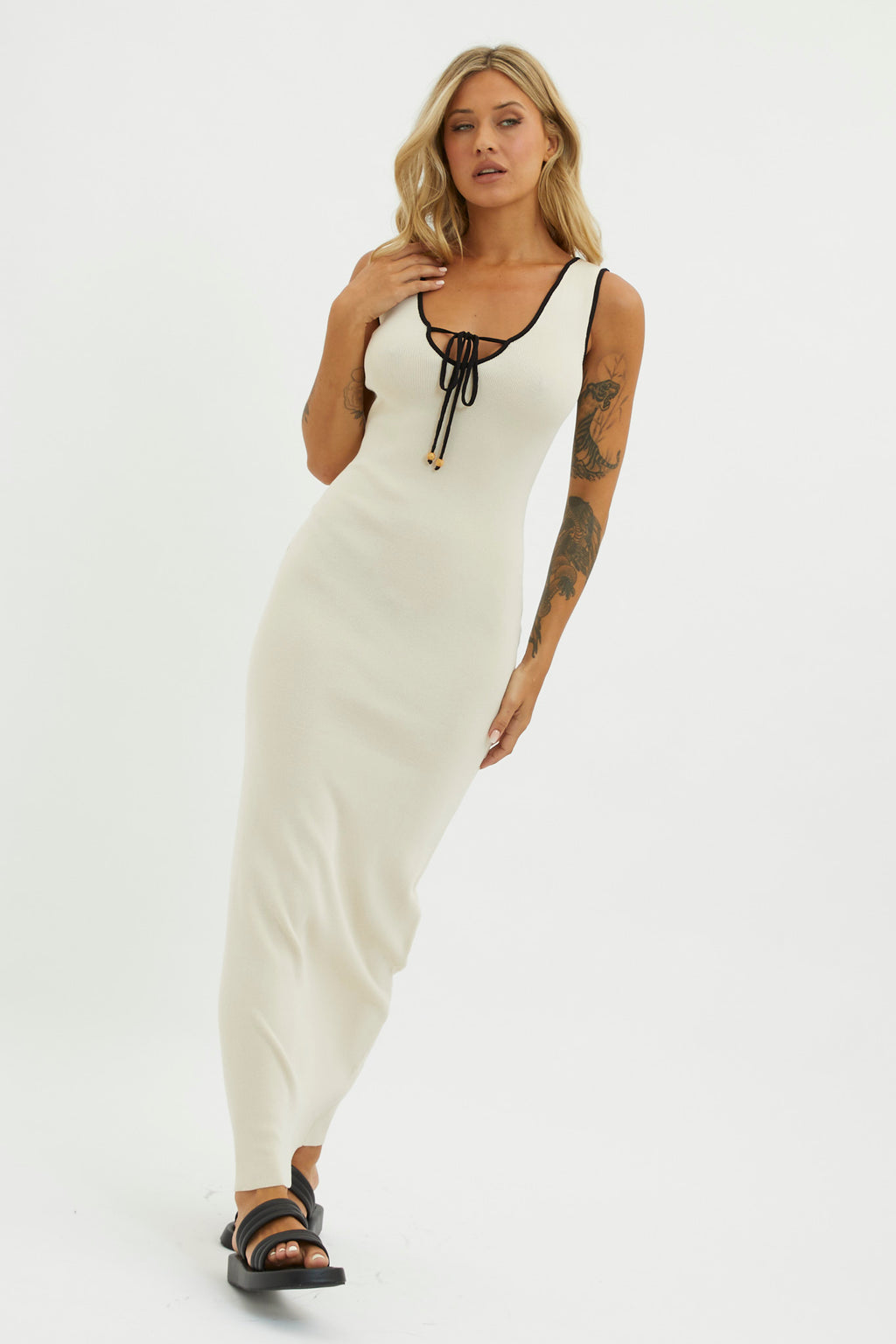 Karyssa Tied Bust Knit Maxi Dress Sand by Selfie Leslie Australia