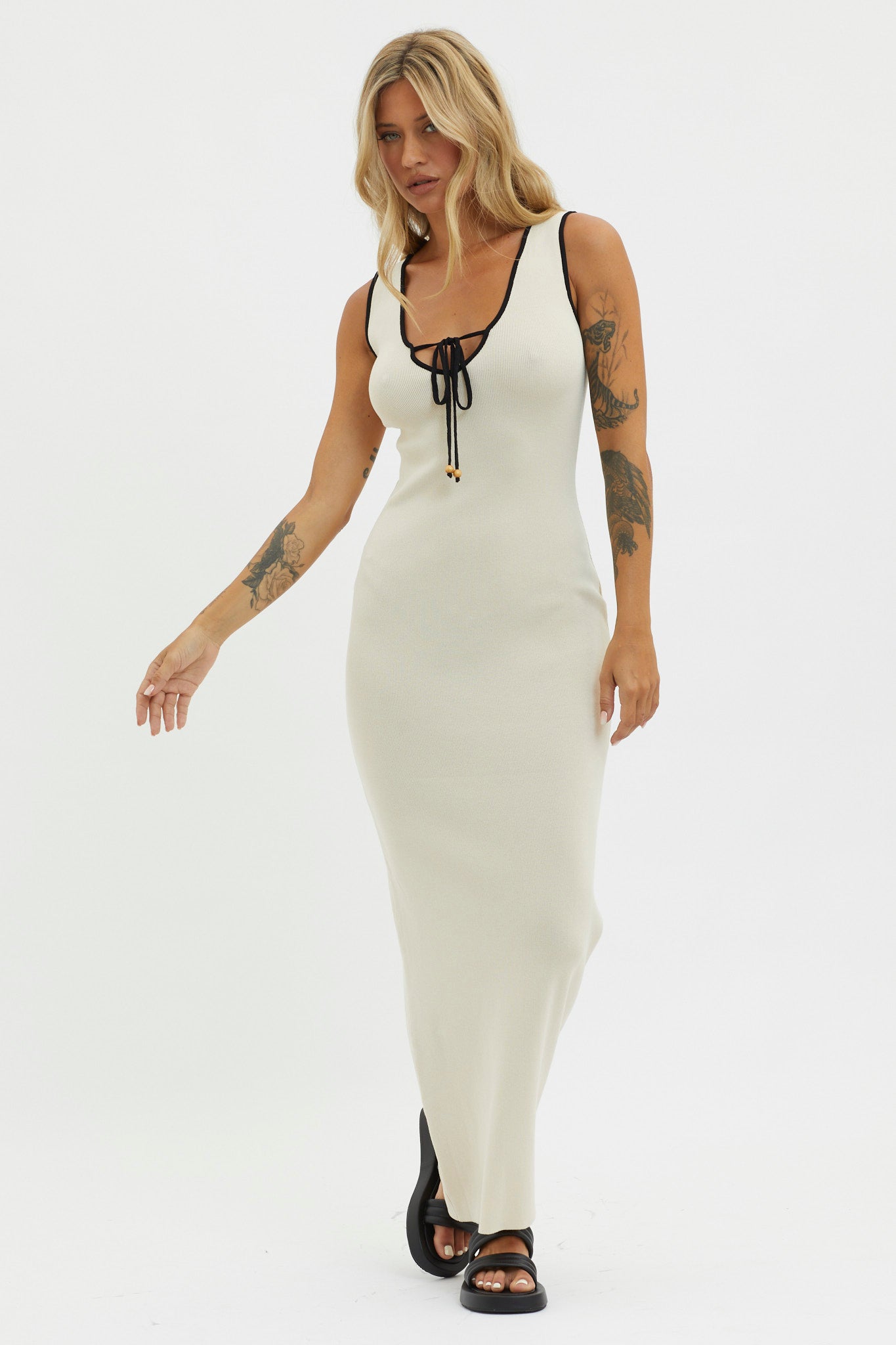 Karyssa Tied Bust Knit Maxi Dress Sand by Selfie Leslie Australia