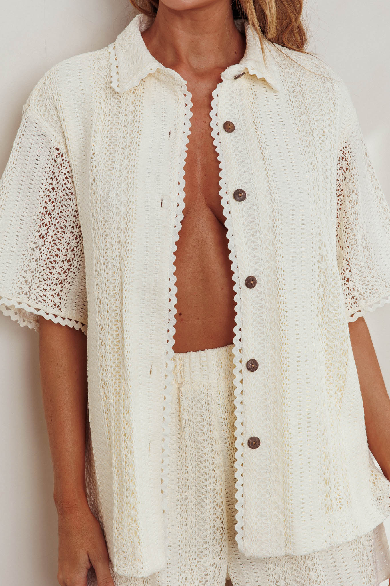 Ottawa Crochet Lace Button Shirt Oat by Selfie Leslie Australia
