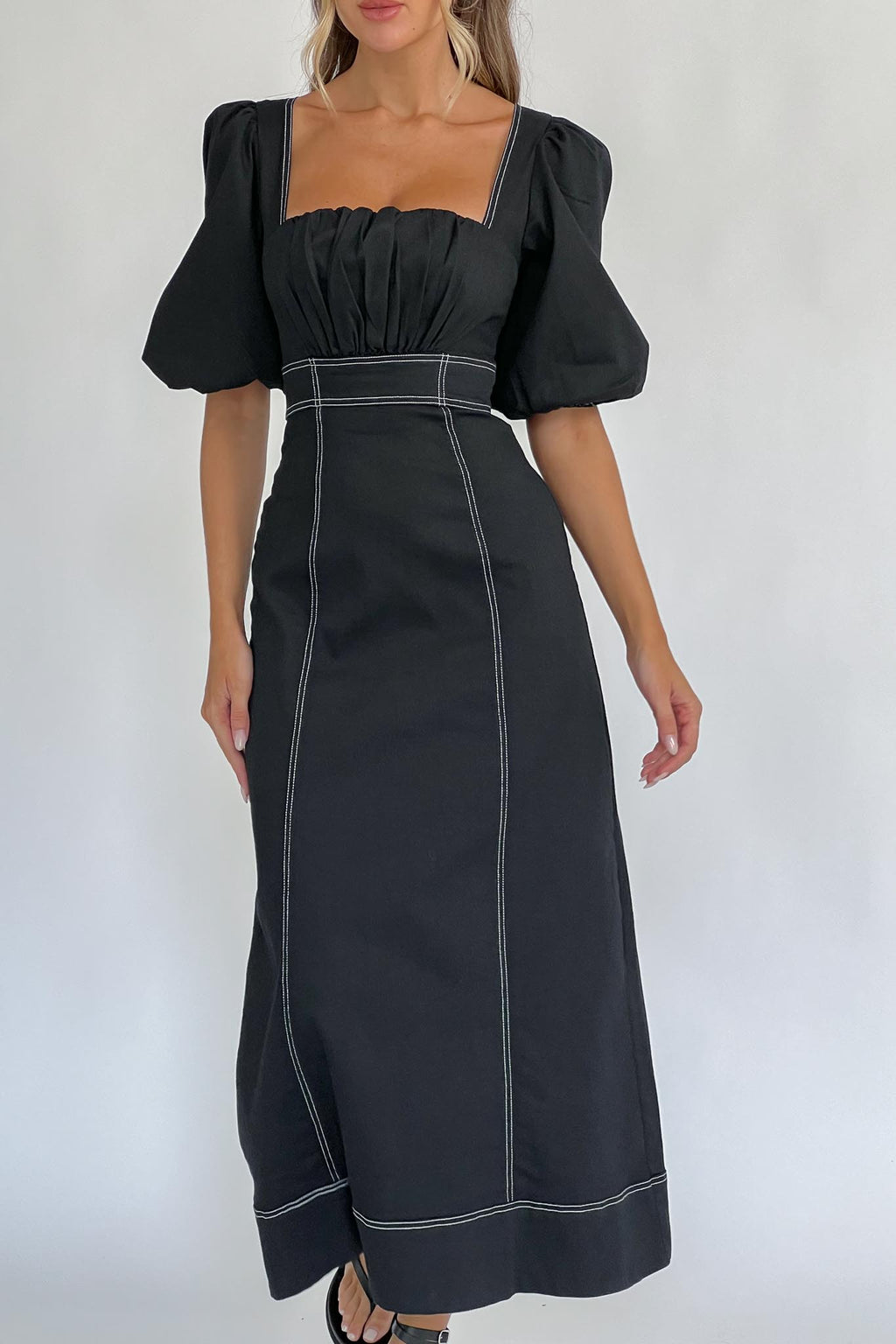 Sibille Puff Sleeve Contrast Stitch Dress Black by Selfie Leslie Australia