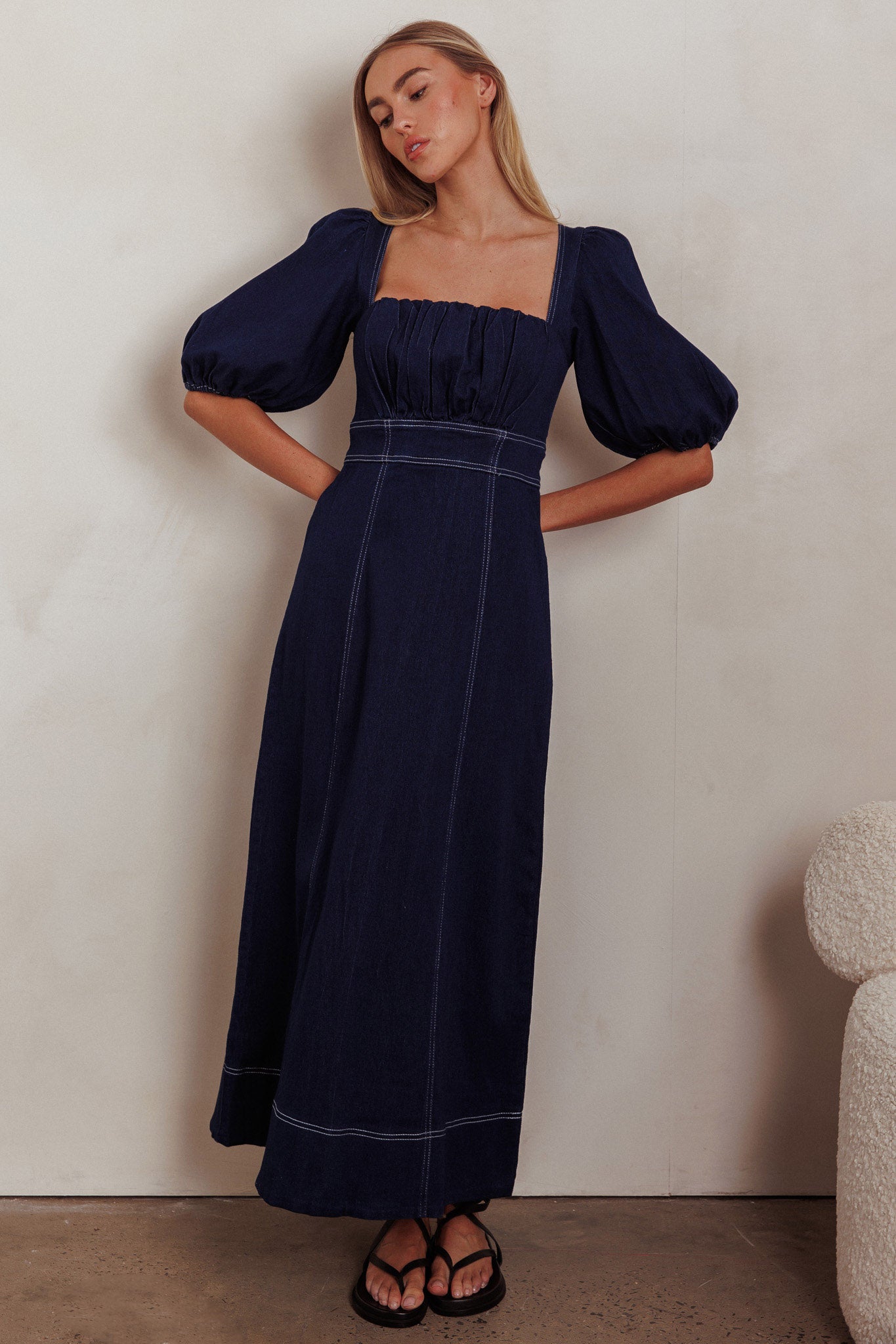 Sibille Puff Sleeve Maxi Dress Denim Indigo by Selfie Leslie Australia