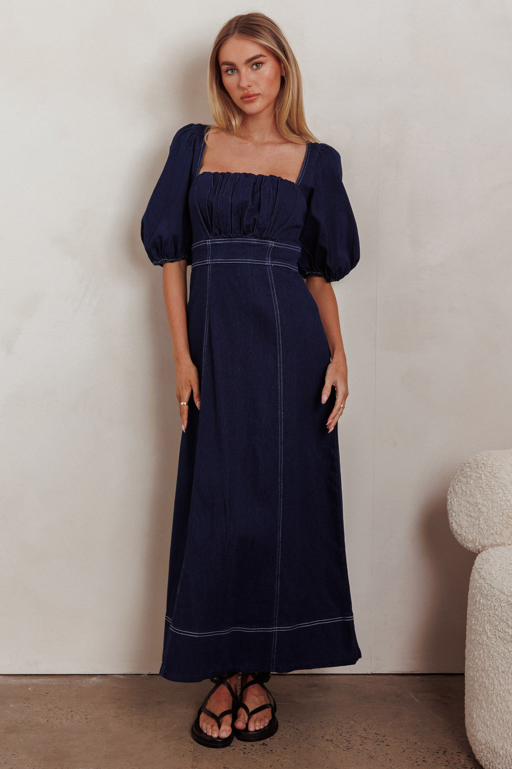 Sibille Puff Sleeve Maxi Dress Denim Indigo by Selfie Leslie Australia