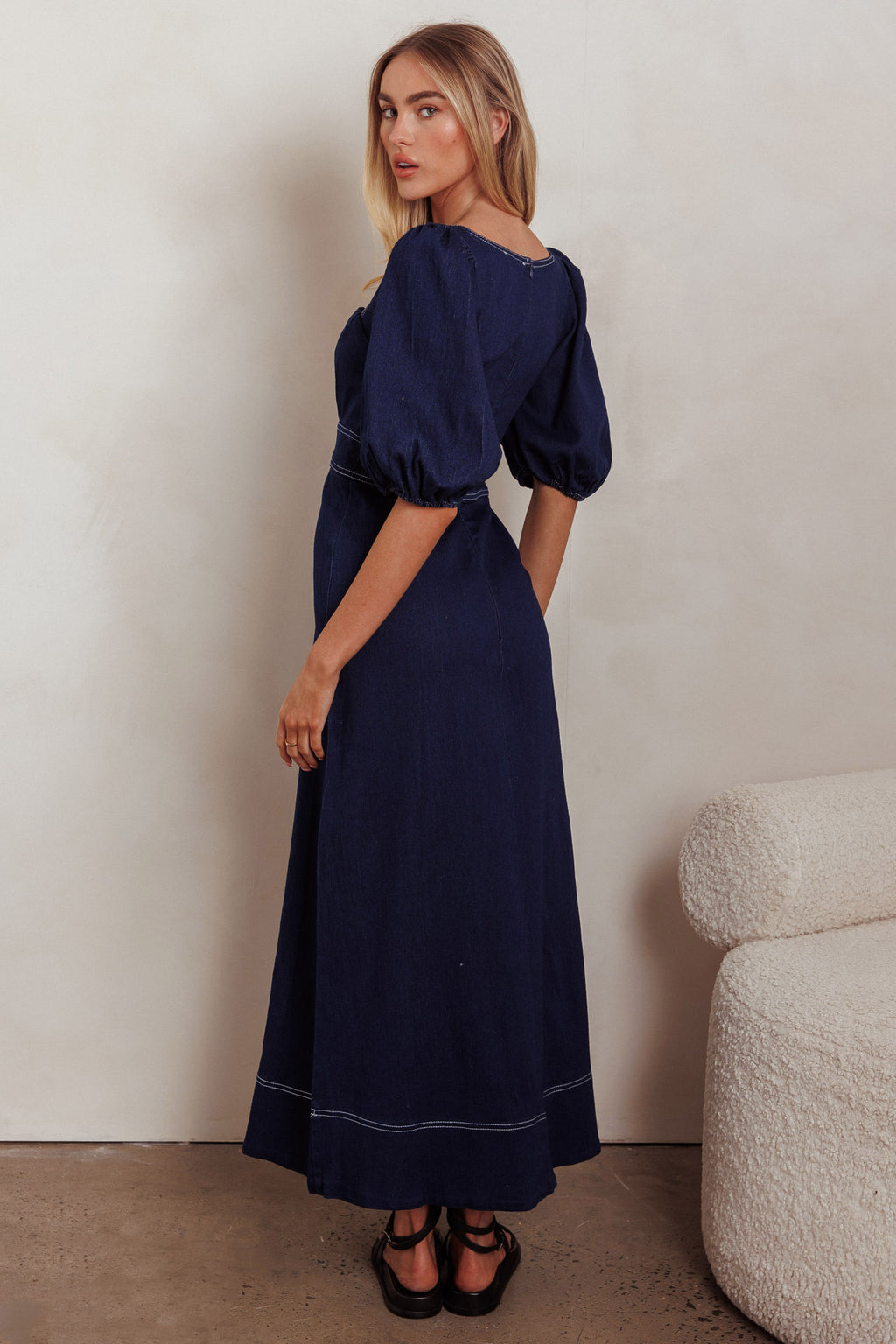Sibille Puff Sleeve Maxi Dress Denim Indigo by Selfie Leslie Australia