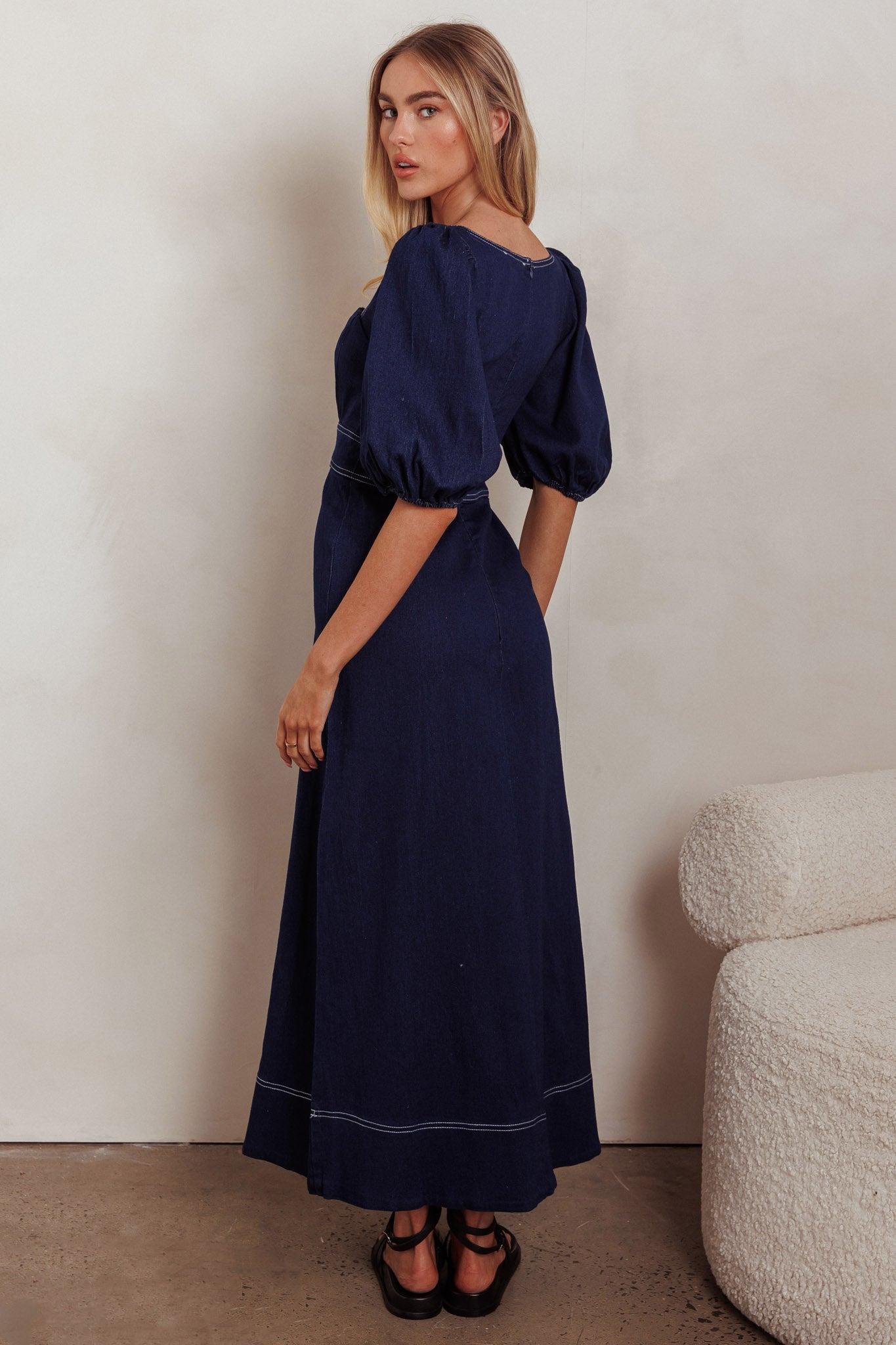 Sibille Puff Sleeve Maxi Dress Denim Indigo by Selfie Leslie Australia