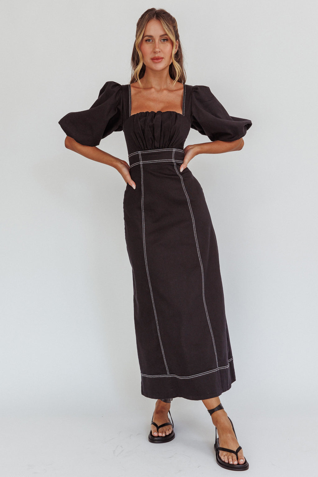 Sibille Puff Sleeve Contrast Stitch Dress Black by Selfie Leslie Australia