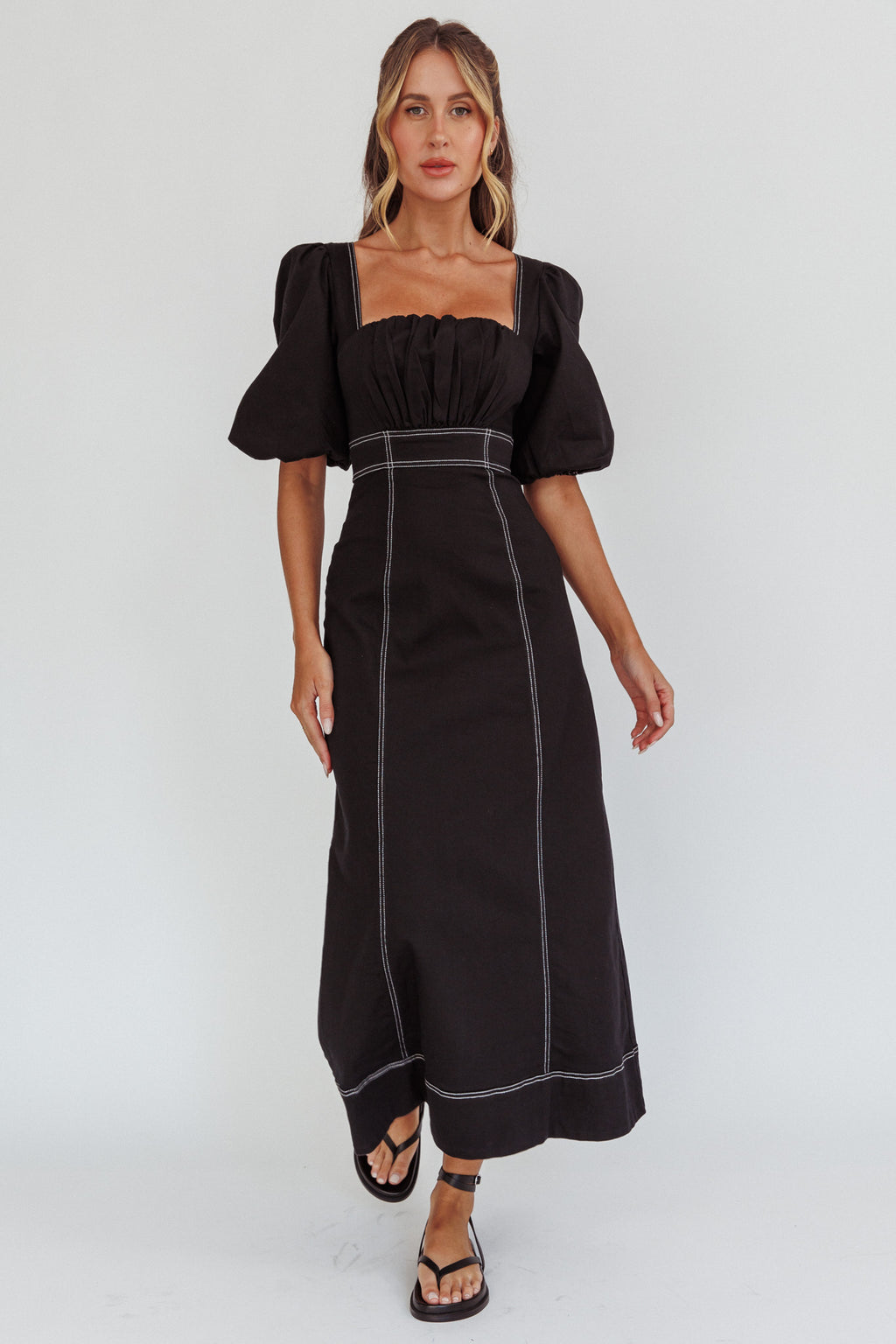 Sibille Puff Sleeve Contrast Stitch Dress Black by Selfie Leslie Australia