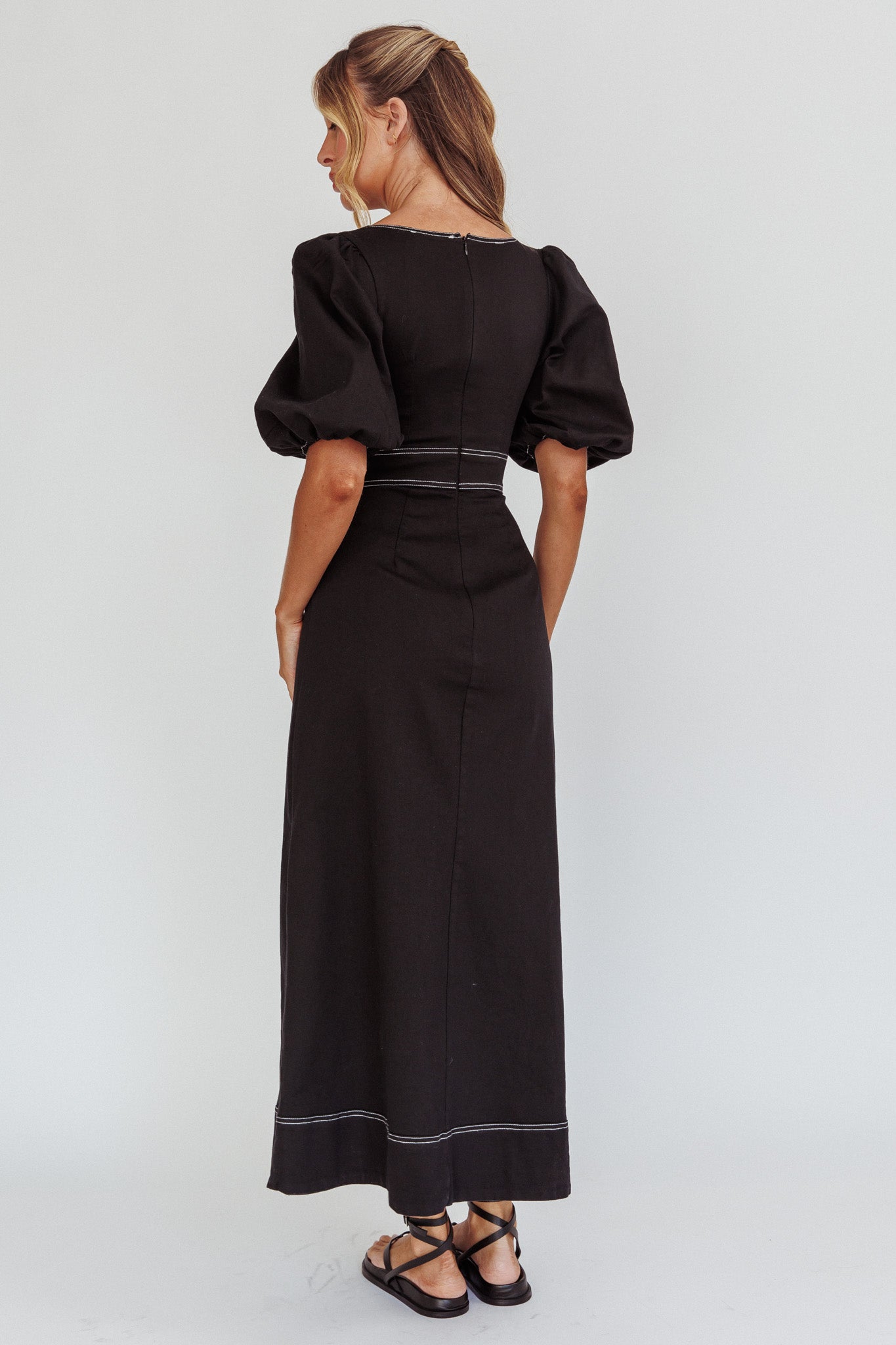 Sibille Puff Sleeve Contrast Stitch Dress Black by Selfie Leslie Australia