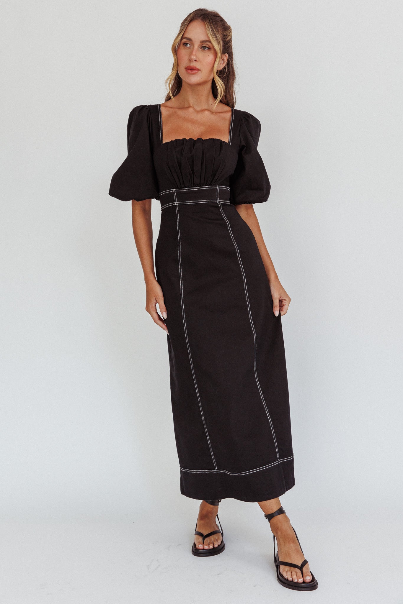 Sibille Puff Sleeve Contrast Stitch Dress Black by Selfie Leslie Australia