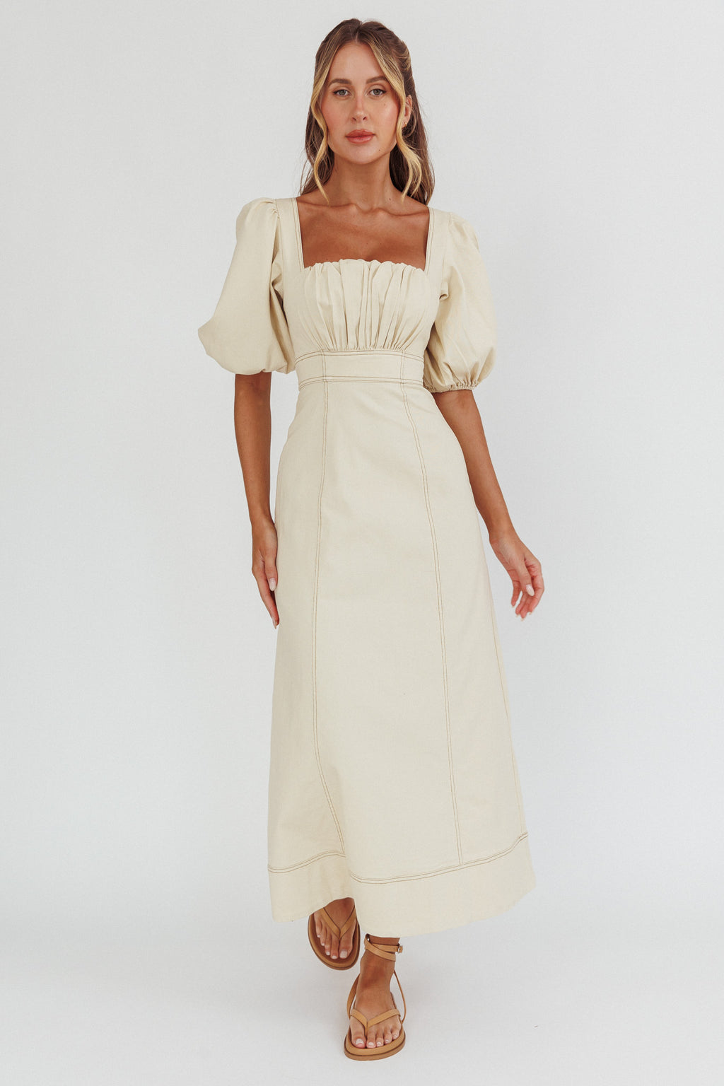 Sibille Puff Sleeve Contrast Stitch Dress Butter by Selfie Leslie Australia