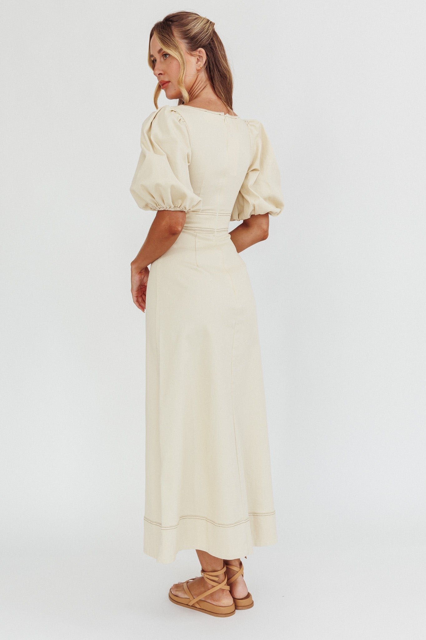 Sibille Puff Sleeve Contrast Stitch Dress Butter by Selfie Leslie Australia