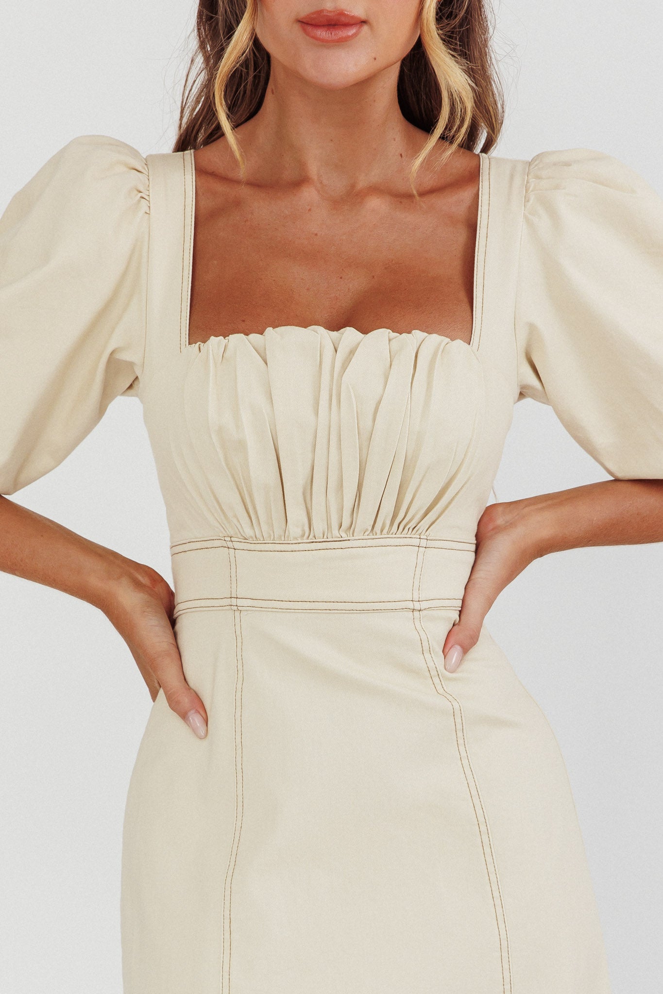 Sibille Puff Sleeve Contrast Stitch Dress Butter by Selfie Leslie Australia