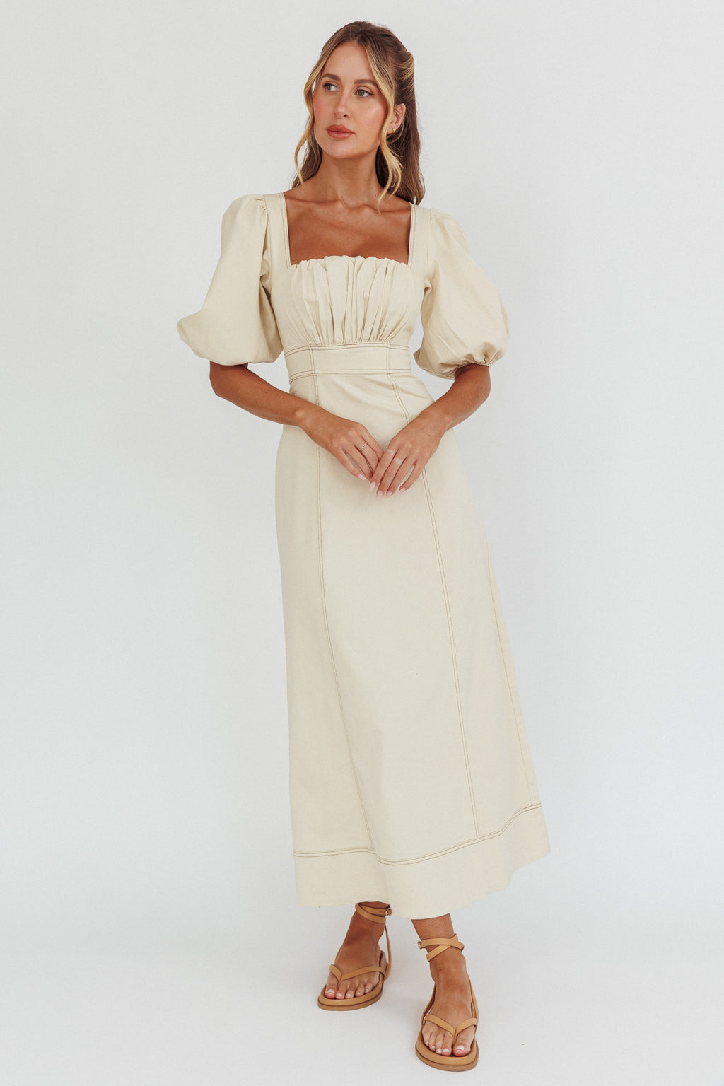 Sibille Puff Sleeve Contrast Stitch Dress Butter by Selfie Leslie Australia