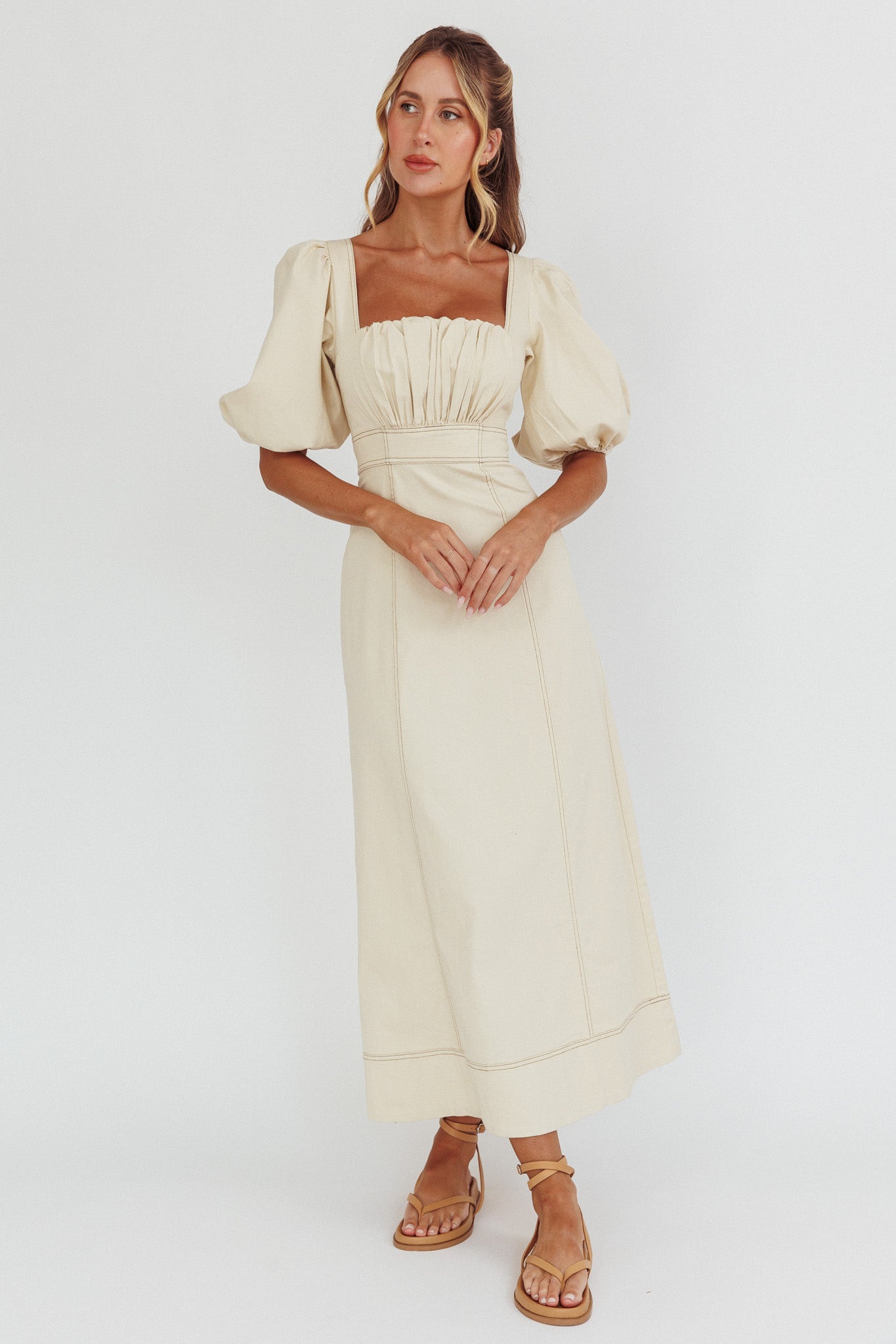 Sibille Puff Sleeve Contrast Stitch Dress Butter by Selfie Leslie Australia
