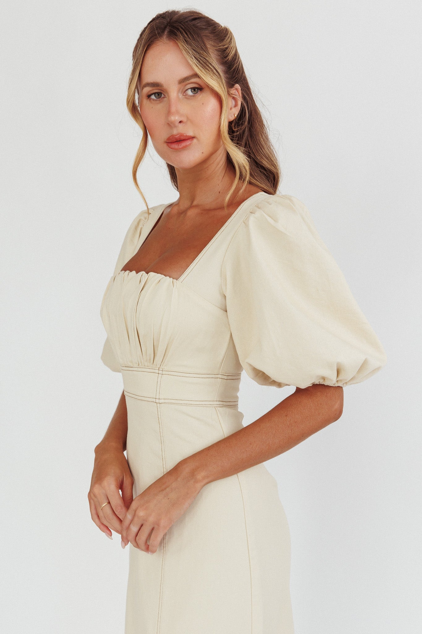 Sibille Puff Sleeve Contrast Stitch Dress Butter by Selfie Leslie Australia
