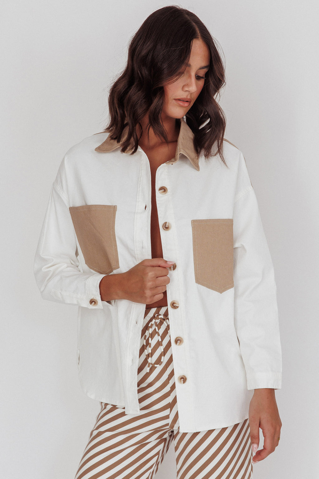 Lake Days Chest Pocket Shirt White Beige by Selfie Leslie Australia