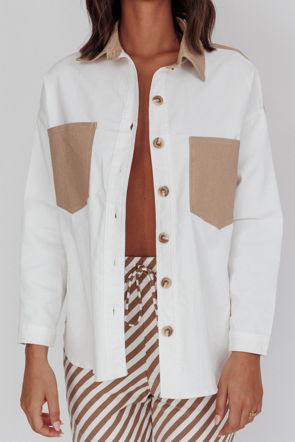 Lake Days Chest Pocket Shirt White Beige by Selfie Leslie Australia