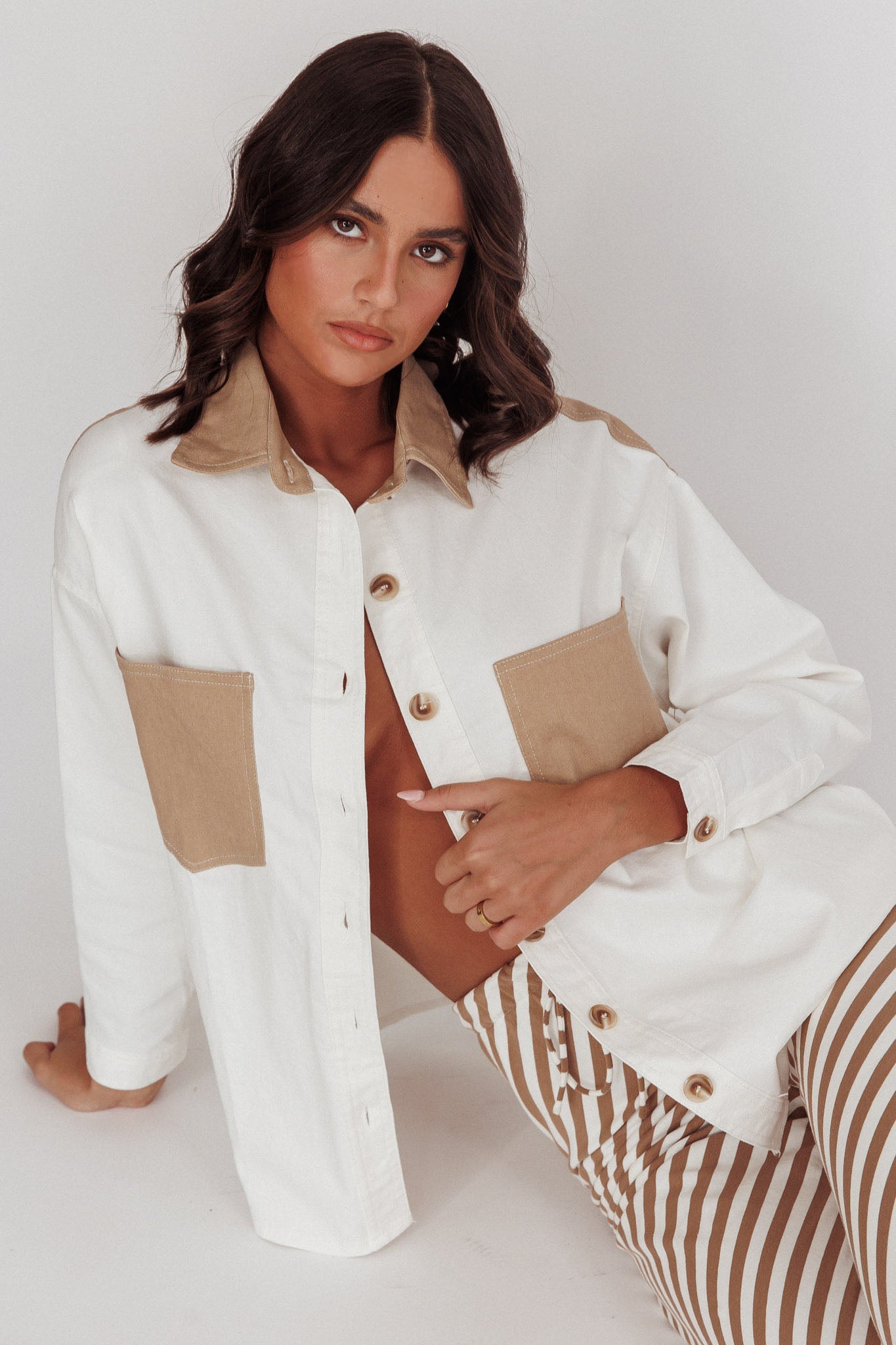 Lake Days Chest Pocket Shirt White Beige by Selfie Leslie Australia