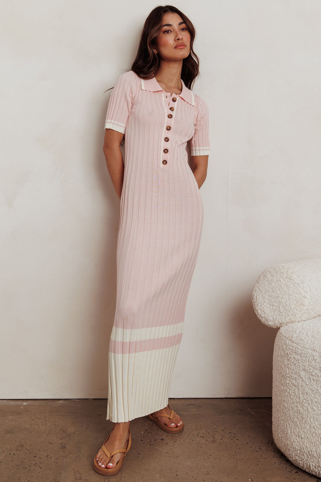 Cayla Button-Up Ribbed Knit Dress Pink by Selfie Leslie Australia
