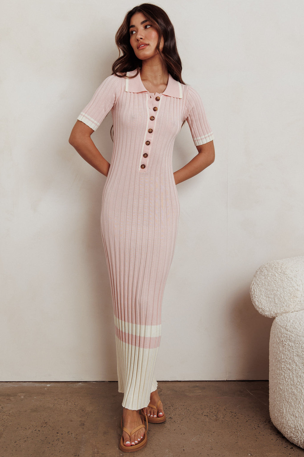 Cayla Button-Up Ribbed Knit Dress Pink by Selfie Leslie Australia
