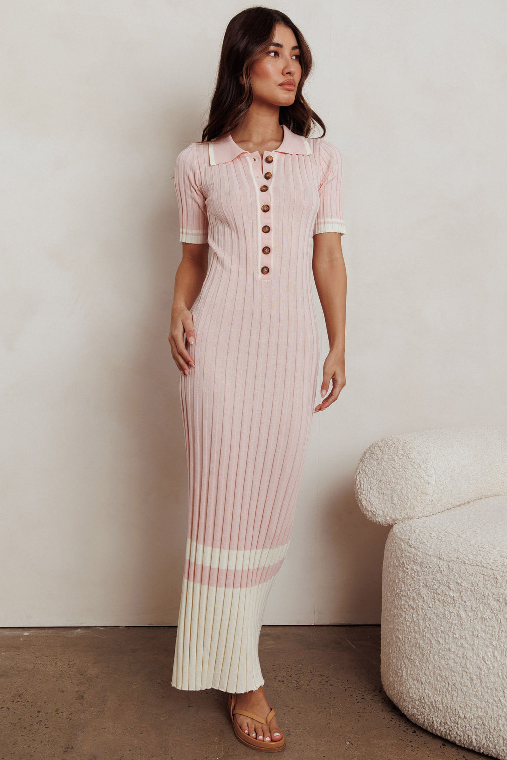 Cayla Button-Up Ribbed Knit Dress Pink by Selfie Leslie Australia