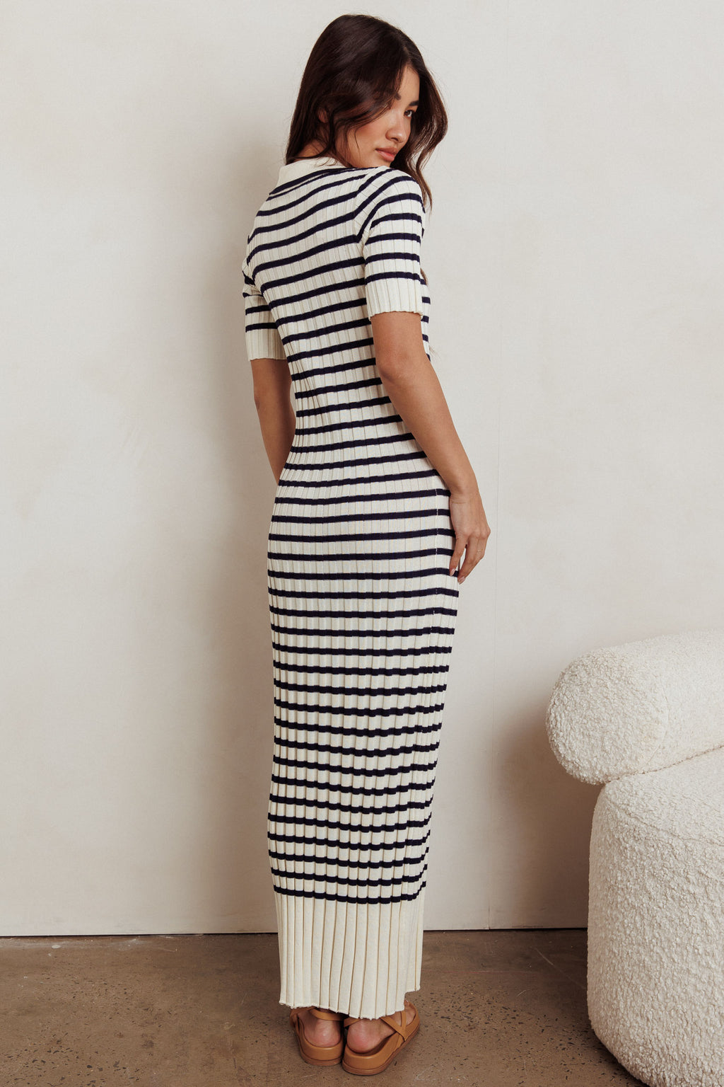 Cayla Button-Up Ribbed Knit Dress Cream Navy by Selfie Leslie Australia