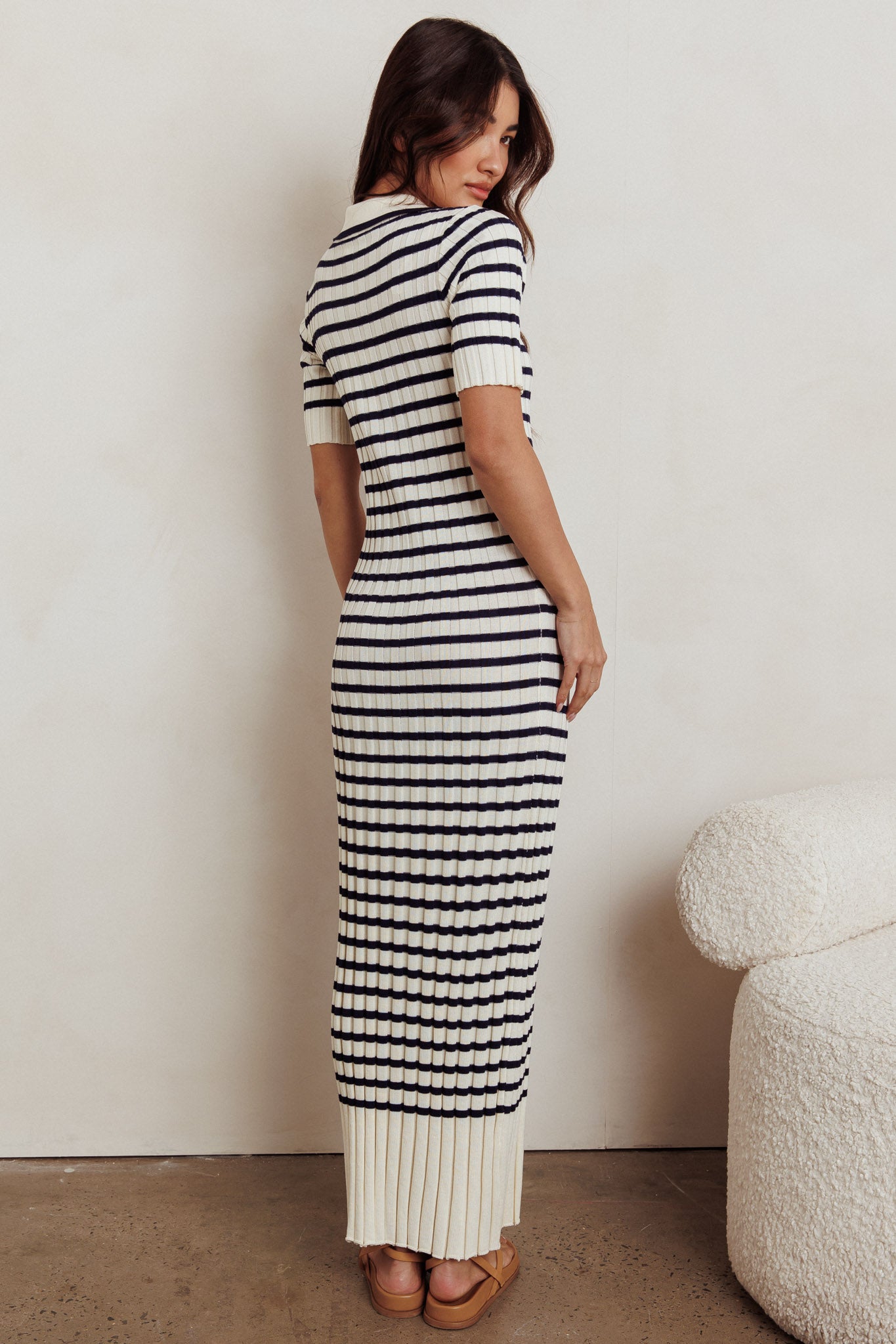 Cayla Button-Up Ribbed Knit Dress Cream Navy by Selfie Leslie Australia